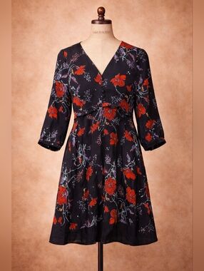 NWT Madewell 100% Silk Raffle Waist Dress Black Red Windblown Poppies Size 00